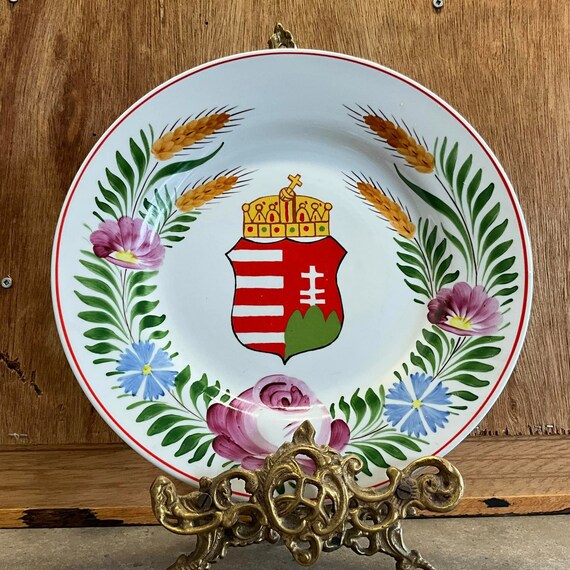 ヴィンテージハンガリーストーンウェアウォールプレート：手描きの民芸