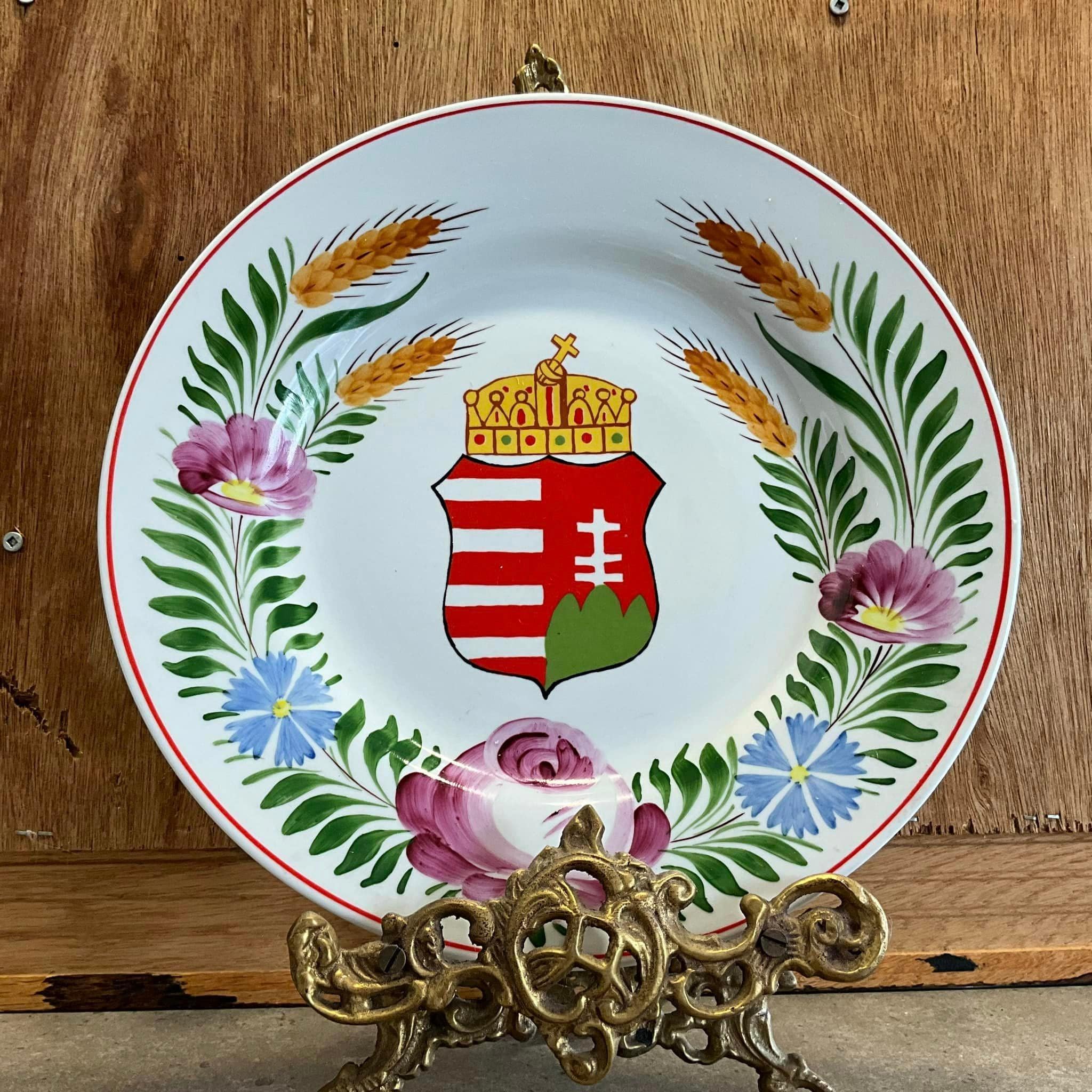 ヴィンテージハンガリーストーンウェアウォールプレート：手描きの民芸