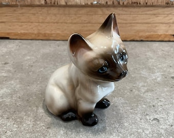 ヴィンテージシャム猫の置物 - 母猫と子猫の陶器彫刻 - ミッド