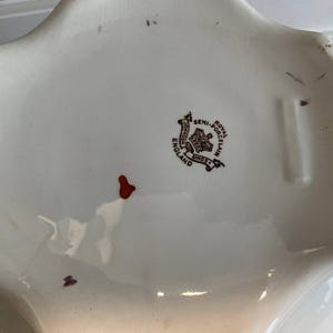 May include: Close-up of a white porcelain dish with a star-like shape. The dish has a brown and red emblem that reads "Johnson Bros. England Royal Semi-Porcelain". There are small red marks on the surface of the dish.