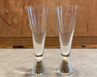 Signed Oleg Cassini Crystal Champagne Flutes – Set of 2 Gold Glitter Toasting Glasses – Crystal Filled Stem Wedding Flutes Pair