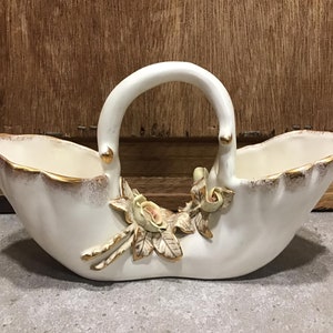 Vintage Small Gold Accents Floral Ceramic Basket or Vase with Handle