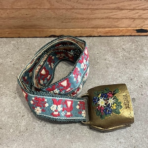 Vintage Austria Floral Brass Cowbell With Embroidered Ribbon