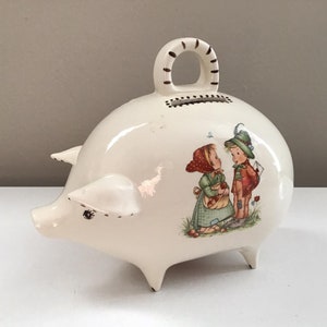 Vintage Piggy Bank Hand Painted Ivory Multi Ceramic