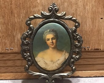 Vintage Victorian Woman Metal Frame with Italy Silk Picture
