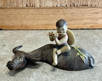Boy playing flute on water buffalo, Shiwan figure, Mudman Statue - Numbered