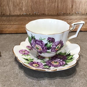 Vintage Salisbury Eventide Tea Cup and Saucer Set Purple Flowers Bone China Made in England