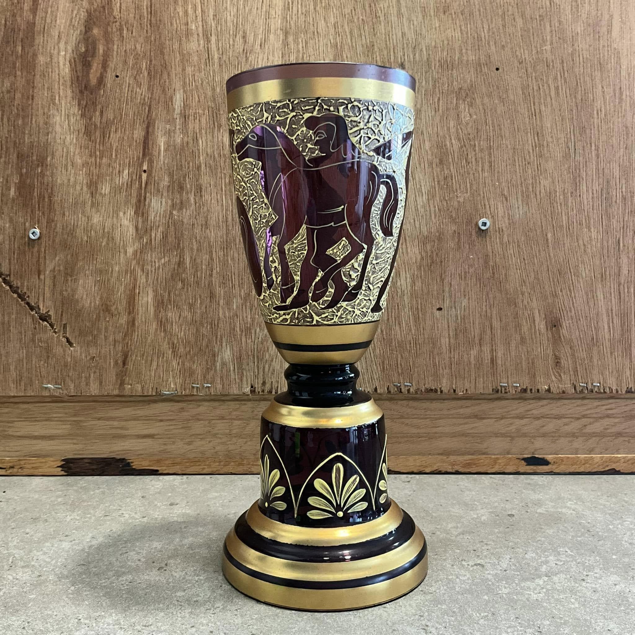 ヴィンテージギリシャデザインの花瓶：24Kゴールドアメジストガラス