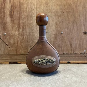 Vintage Italian Leather Wrapped Liquor Decanter/Bottle with Brass Horses Heads- Collectible - Rare
