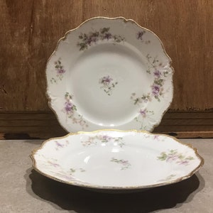 Limoges porseleinen dinerborden: paarse bloemen, GDA France, CH Field Haviland, set van 2