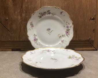 2 Limoges Porcelain Dinner Plates, Purple Flowers, GDA France, CH Field Haviland Limoges Plate Set