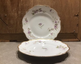 2 Limoges Porzellan Speiseteller, Lila Blumen, GDA France, CH Field Haviland Limoges Teller Set