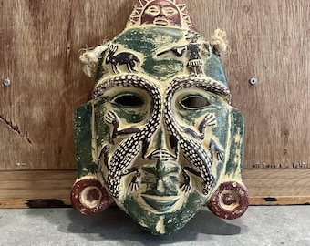 Vintage Mexican Terracotta Wall Mask: Sun, Lizard, Rabbit Design