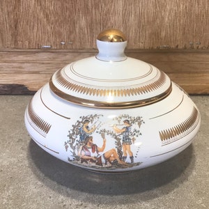 Vintage Greece 24k Gold Hand Painted Bowl with Lid, Collectable White and Gold