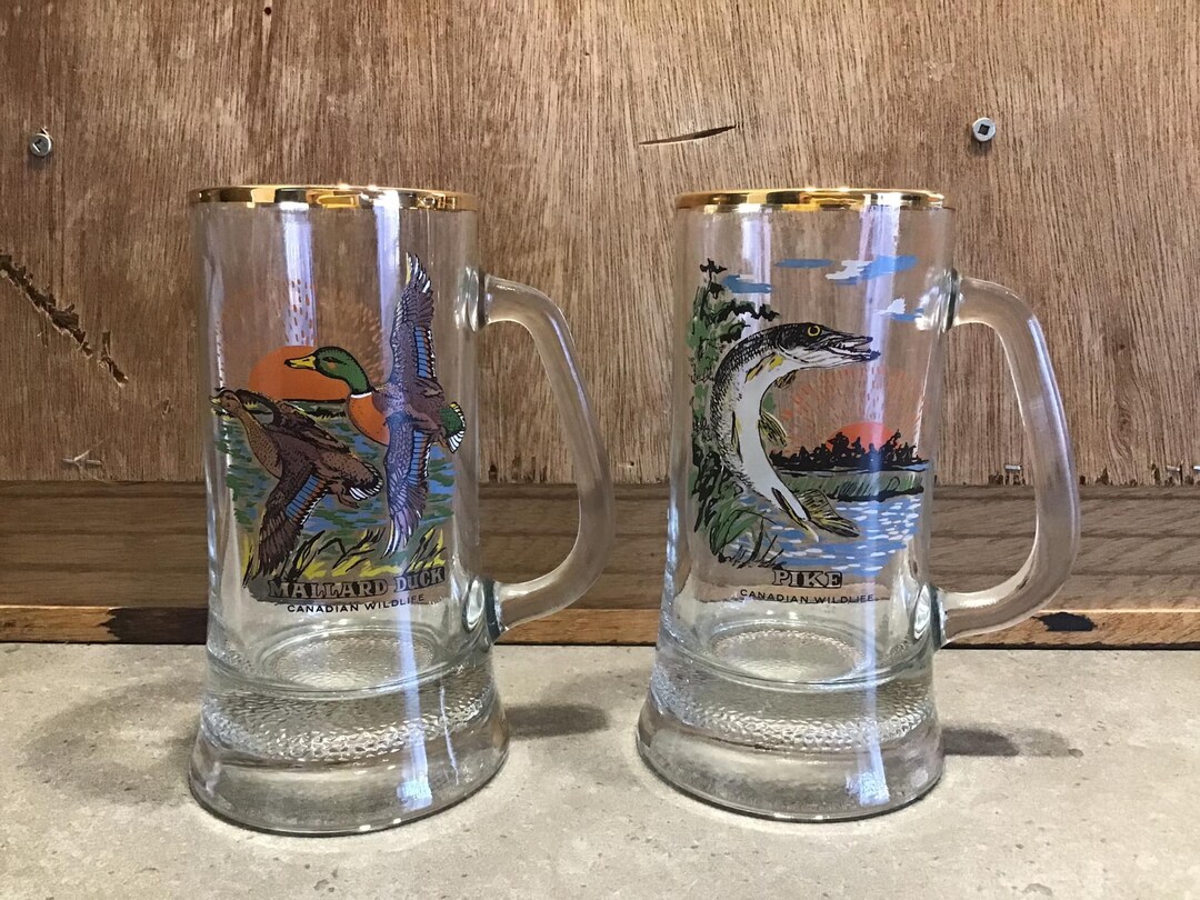 Canadian Wildlife Glass Beer Mugs Mallard Duck & Pike Fish, Gold Rim, Heavily Weighted, Vintage