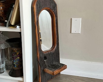 Vintage Wood Wall Mirror with Shelf: Rustic Home Decor, Signed