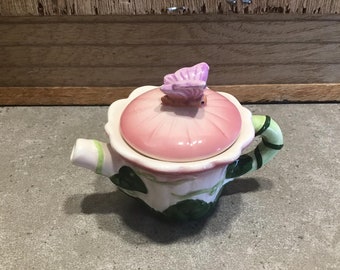Vintage Russ Berrie, Butterfly on Pink Flower, Mini Teapot, Miniature Collectible