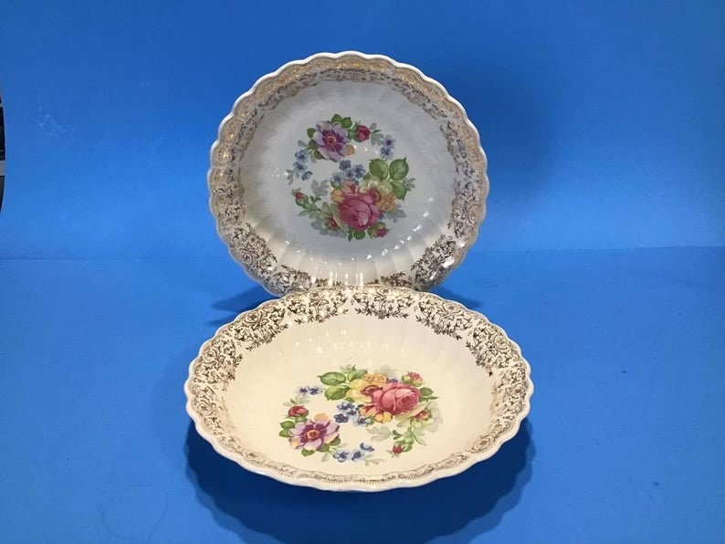 2 Vintage Limoges Plates 22K Gold Trim, Serving Plates Made in USA 1940's,  La Marr pattern, American Limoges lovely floral serving bowls.