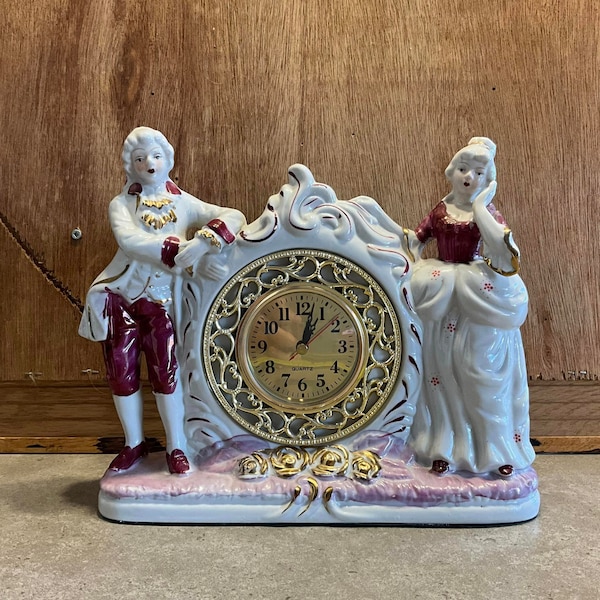 Porcelain Fireplace Clock Table Clock Porcelain Figure Lovers, Figural Mantle Clock