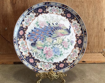 Asahi Japan Peacock Plate: Blue, Pink Flowers & Gold Trim