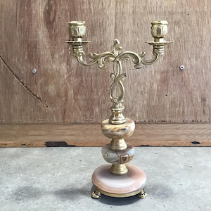 Vintage Brass Onyx Candelabra Candle Holder 2 Arms