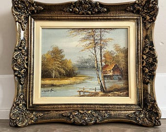 Vintage Oil Painting, Signed River Scene, Ornate Gold Frame, Impressionist Artwork