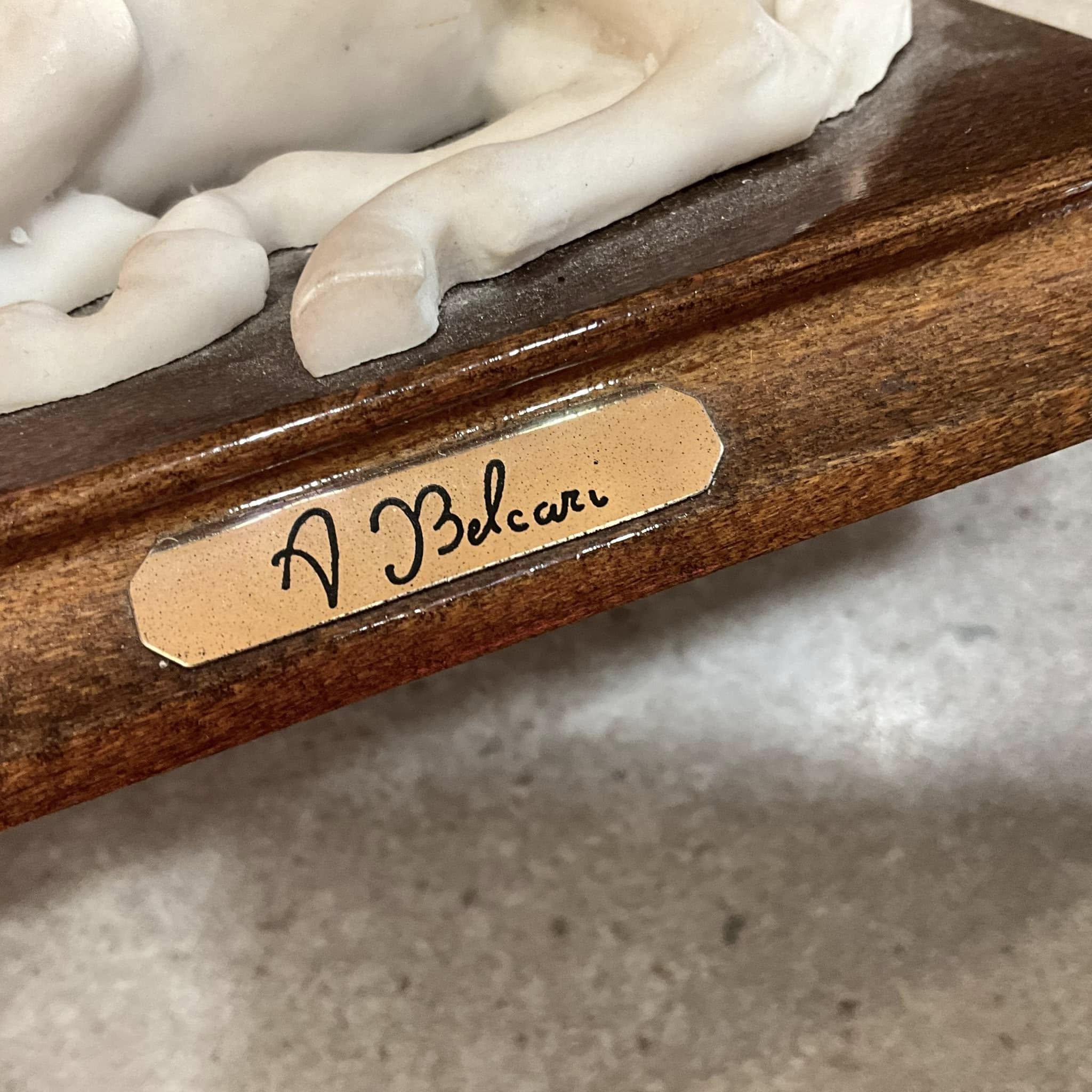 A. BELCARI, Vintage Ceramic White Horse Figurine on Wood Base