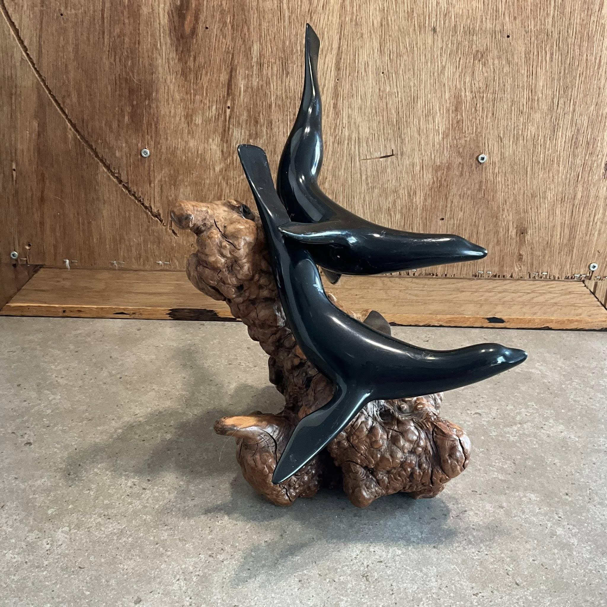 John Perry クジラと魚の置物 Vintage John Perry Seal Statues on Driftwood Base, Ocean Sculpture