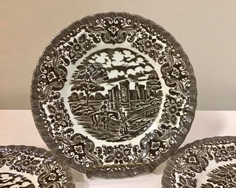 Vintage Set of 4 British Anchor "Olde Country Castles" Ironstone Brown Salad Plates Made in England 1950