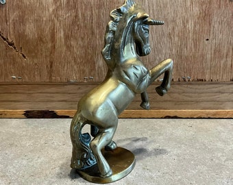 Vintage Brass Unicorn Figurine: Retro Gold Metal Statuette
