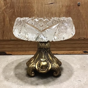Hollywood Regency Style Crystal Glass Cut Bowl on Metal Stand Numbered Table Centerpiece, Housewarming, Wedding Gift