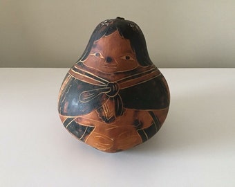 Vintage Peruvian Folk Art Hand Carved and Etched Dried Gourd Squash