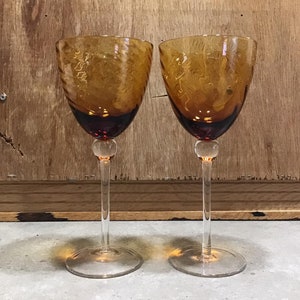2 Wine Glasses Amber Glass Barware