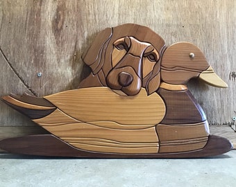 Vintage Labrador Dog and Duck, Wood Intarsia Wall hanging Handcrafted Art