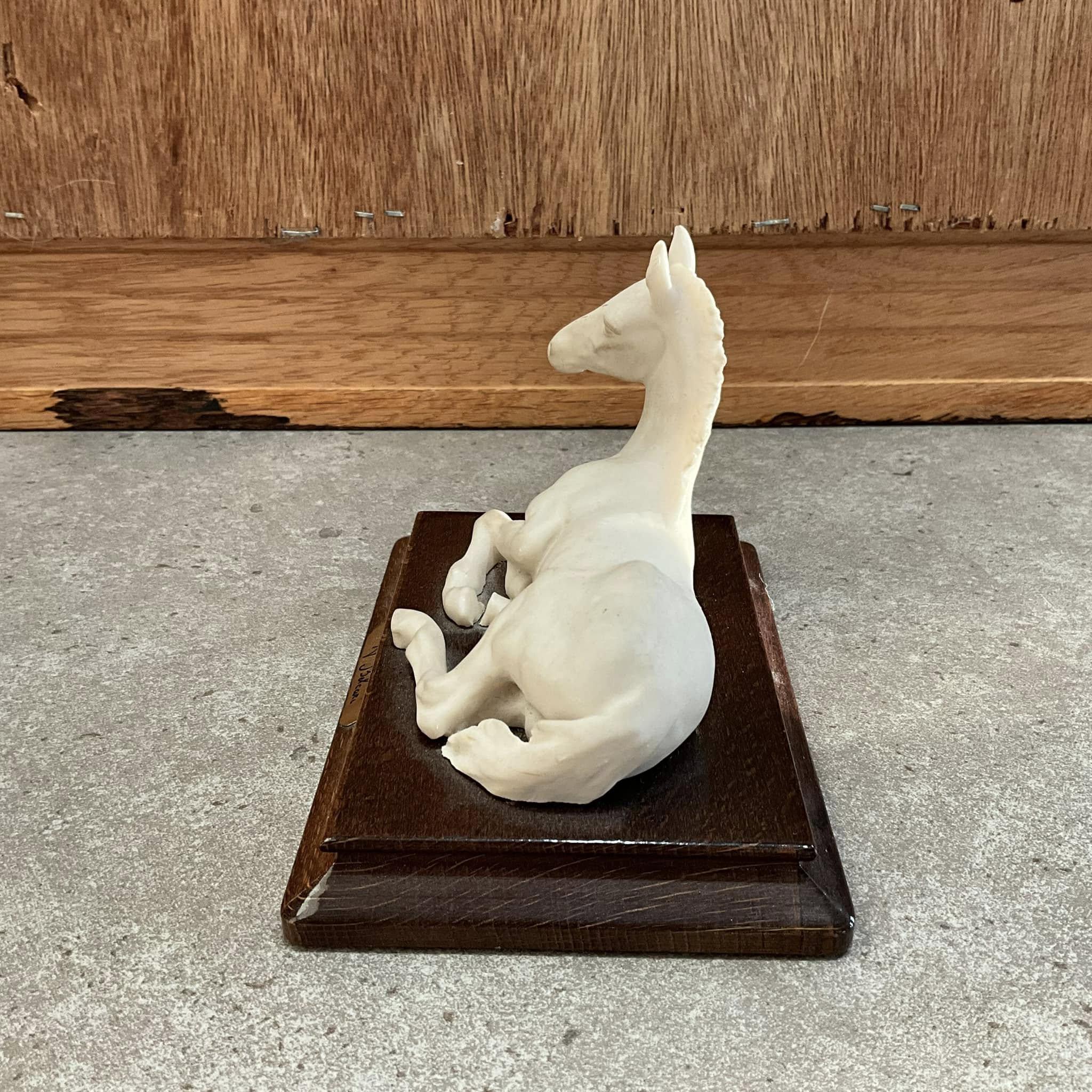 A. BELCARI, Vintage Ceramic White Horse Figurine on Wood