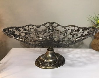 Vintage Pedestal Bowl with Grapevine and Floral Design, Table Centerpiece, Home  Decoration