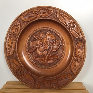 Vintage Wood Wall Hanging Round Plate Boho Hand Vintage Carved Artwork Wooden Artwork Bohemian Decor Wood Burning Folk Art