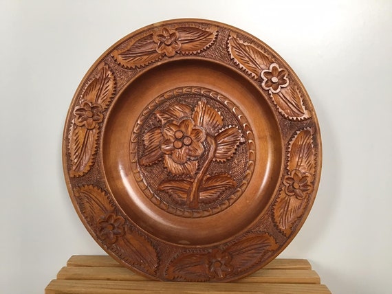 Vintage Wood Wall Hanging Round Plate Boho Hand Vintage Carved  