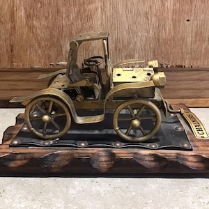 Vintage Model Antique Metal Car Sculpture Wooden Base Made in Spain