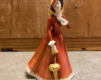 Vintage Royal Doulton Julia HN 2705 Figurine - Modelled by Peggy Davies 1974 - Red Orange Dress Umbrella Lady - Made in England