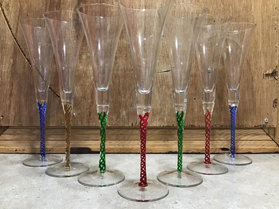 7 Champagne Flutes 10.75 Tall With Vibrant Twisted Stem Made in