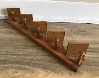 Vintage Mid-Century Wood Wall Shelf with 5 Hooks