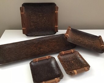 Natural Wood Serving Plates Set | 5 Piece Hardwood Dinner Plates