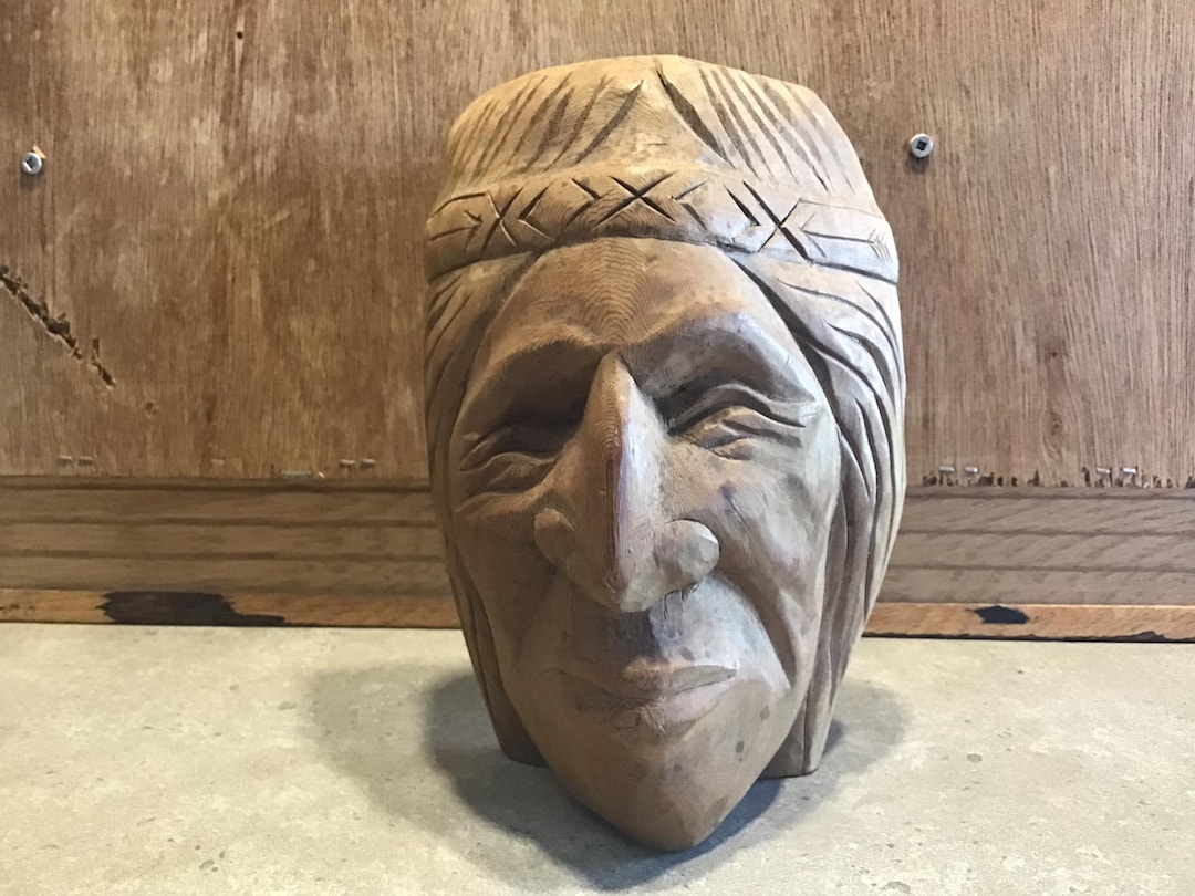 Vintage NATIVE AMERICAN Wood Carving, Folk Art, Americana Wooden Bust