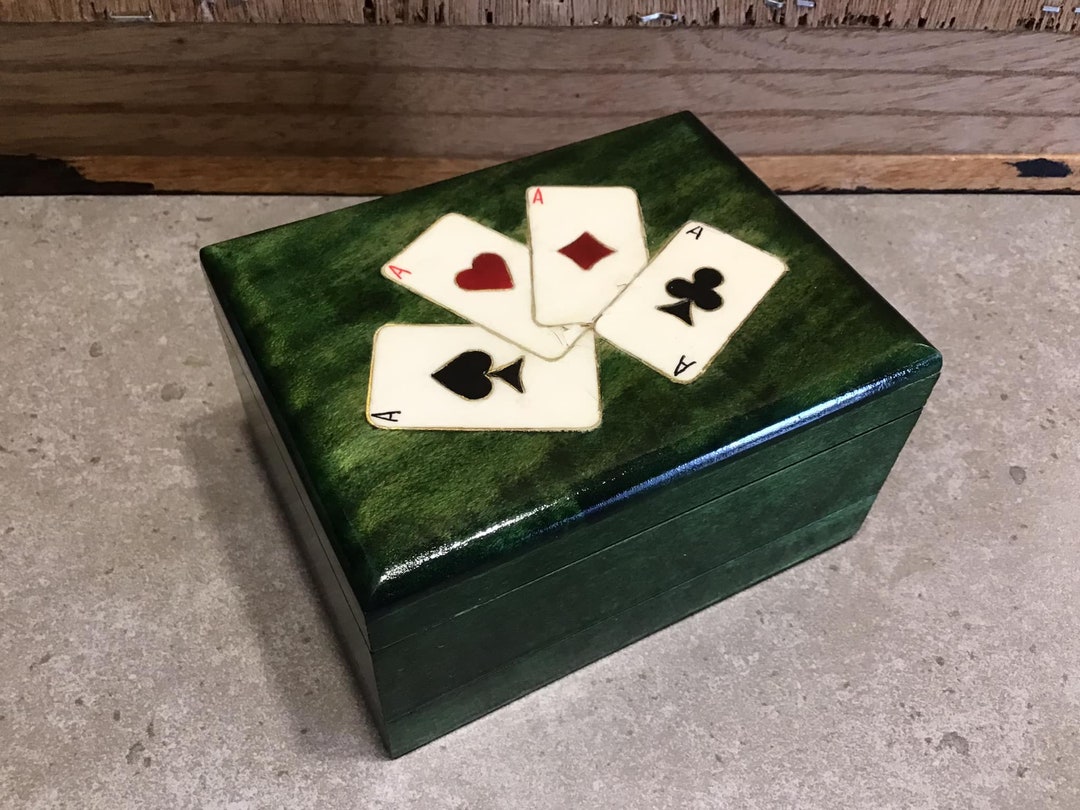 2 Section Green Playing Cards Wooden Box, Playcards Box, Empty Poker