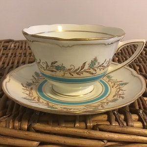 Vintage Royal Doulton Bone China Teacup & Saucer: Prelude Turquoise Floral