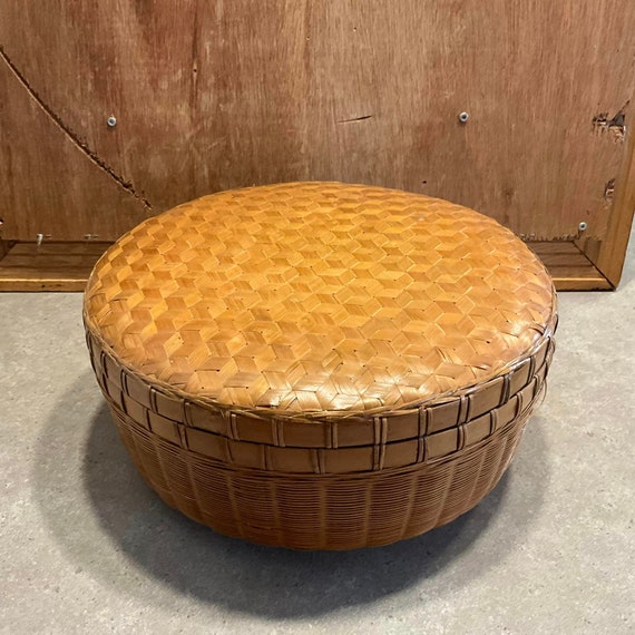 丸いカバー付き籐バスケット 裁縫工芸品装飾 ヴィンテージ ゆるく編