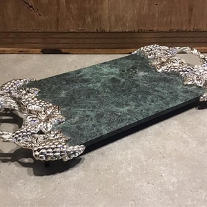 Vintage Silver Plate Serving Tray: Green Marble Style Grape Design