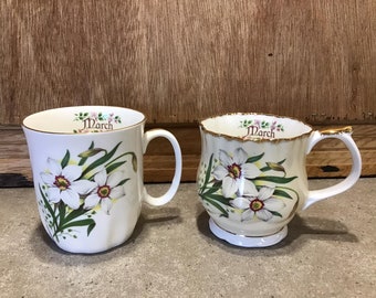 2 tasses vintage élisabéthaine et Springfield en porcelaine fine fleur du mois de mars fabriquées en Angleterre