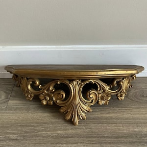Vintage Syroco Bed Crown Wall Shelf Gold Ornate Hollywood Regency Floral